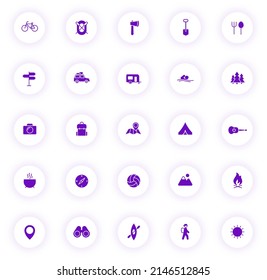 camping purple color vector icons on light round buttons with purple shadow. camping icon set for web, mobile apps, ui design and print