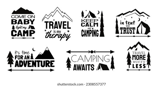 Camping Quotes Lettering and Illustration Set, Camping Stickers Collection, EPS Cut Files for Cutting Machines Like Cricut and Silhouette, Travel, Adventure, Camping Quotes