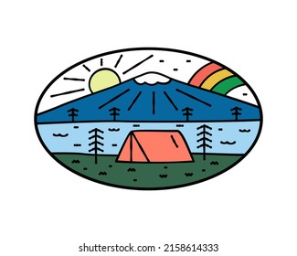 camping and rainbow sky nature wildlife flat design for badge, sticker, patch, t shirt design, etc