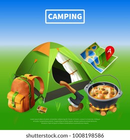 Camping realistic colored poster with big headline and hiking equipment and tools composition vector illustration