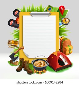 Camping realistic note pad composition with plate with lined paper and equipment around vector illustration