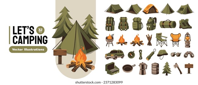 Camping Recreation Gear, Equipment, Element and Tools Vector Illustration Set Collection for Outdoor Camping Adventures Themed Designs