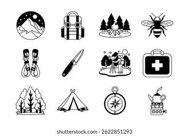 camping recreation and hiking black and white icon collection