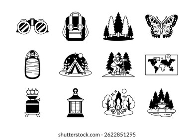 camping recreation and hiking black and white icon collection