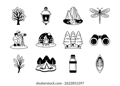 camping recreation and hiking black and white icon collection