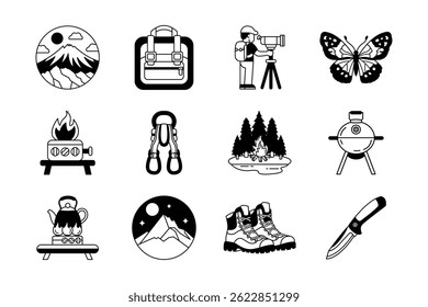 camping recreation and hiking black and white icon collection
