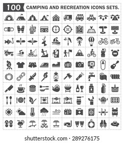 Camping, recreation vector icon. Include tent, vehicle, food cooking and equipment. Tourism to leisure travel in holiday, summer, vacation. Include adventure activity i.e. hiking, swimming, riding.