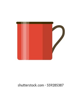 Camping red enamel mug isolated on white background. One enameled metal cup. Vector cartoon illustration eps10