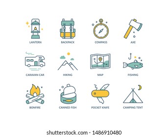 Camping related colored line icons with lantern, backpack, compass, axe, caravan truck, hiking, map, fishing, bonfire, canned fish, pocket knife, tent. 