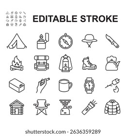 Camping related icons collection. Thin line style vectors. Contains icons such as backpack, tent, portable stove and more.