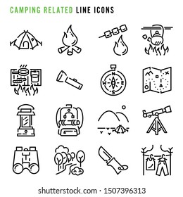 Camping related line icons, Various camping related line icons, Cute cartoon line icons of camping related items, Abstract camping related line icons, Vector illustration