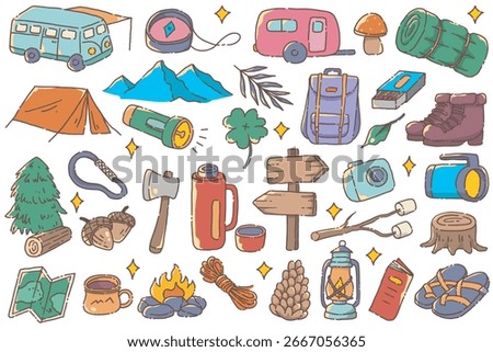 Camping Related Object in Doodle Style Illustration - Cute Hand Drawn Hiking Equipment Icons