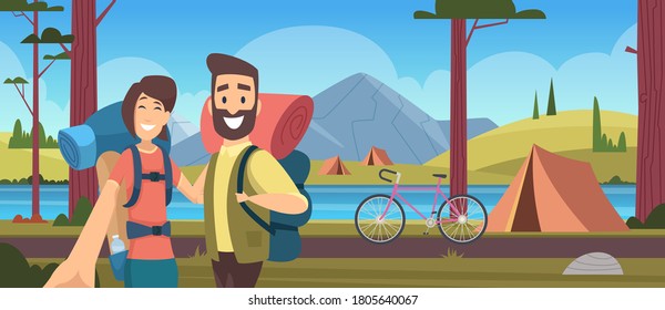 Camping relax. Vacation on nature, forest camp. Domestic tourism, hiking travel. Bloggers in hike vector illustration