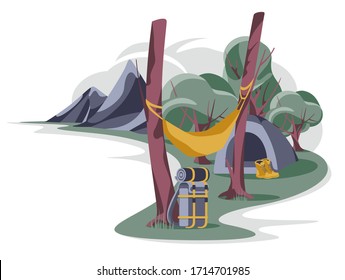 Camping rest landscape with hammock, tent/ backpack and boots on mountain landscape isolated white background