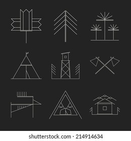 Camping retro badges in thin line style. White lines on a black background