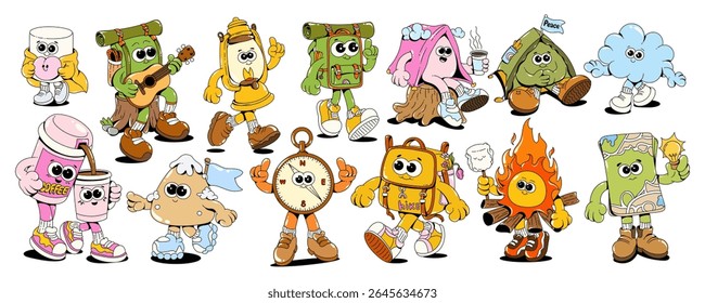  Caracteres de Cartoon Retro Groovy Camping. Mochila, tenda, fogo, marshmallow, mapa e itens ao ar livre com retro 70s Vibe