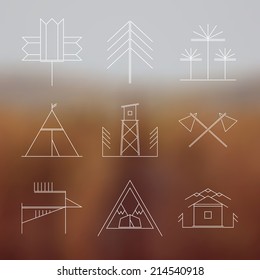 Camping retro icons in thin line style on blurred background. Autumn colors.