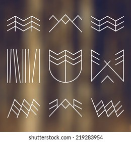 Camping retro icons in thin line style on blurred background. Autumn colors.