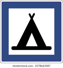 Camping road information sign. Informs road users about places for outdoor recreation with the possibility setting up tents, parking for motorhomes and other tourist purposes. Service sign.