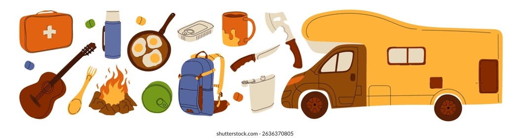 Camping and road trip essentials illustration with camper van, campfire, backpack, cooking gear, guitar, and outdoor tools. Ideal for travel and adventure themes. Vector Stock Illustration.