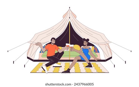 Camping romantic couple clinking wineglasses 2D linear cartoon characters. Glamping tent diverse friends isolated line vector people white background. Drinking wine color flat spot illustration