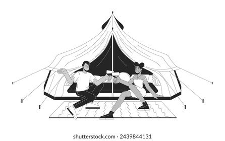 Camping romantic couple clinking wineglasses black and white 2D line cartoon characters. Glamping tent friends isolated vector outline people. Drinking wine monochromatic flat spot illustration