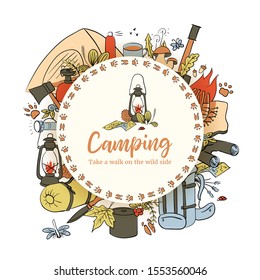 Camping round badge with text. template. Take a walk on the wild side. Animal traces. Hiking icons colored sketch style set.