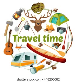 Camping round composition with icon set combined in round on camp theme vector illustration