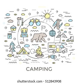 Camping round composition in linear style with icon set and swirl or line circle vector illustration