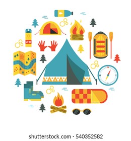 Camping. Round vector illustration with camp and rafting equipment - tent, campfire, map, stopwatch, forest, raft etc. Flat design. Could be used for websites, advertising, banners and flyers