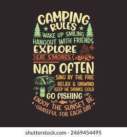 Camping rule explore nap often and enjoy sunset camping shirt with typography design, retro vintage, adventure vintage print design