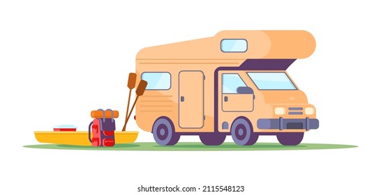 Camping RV family road trip summer travel vacation isometric vector illustration. Camp caravan van with boat paddle and backpack active extreme sport recreational outdoor activity. Automobile journey
