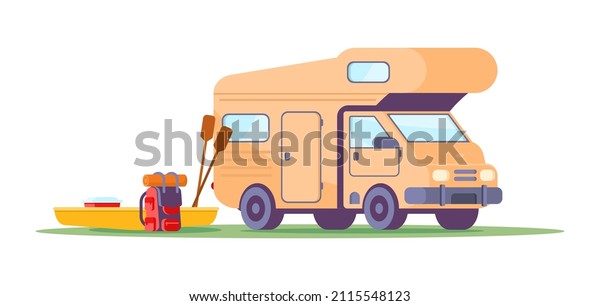 Camping RV family road trip summer travel\
vacation isometric vector illustration. Camp caravan van with boat\
paddle and backpack active extreme sport recreational outdoor\
activity. Automobile\
journey