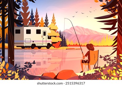Camping RV pesca lago outono paisagem natureza aventura recreacional ao ar livre atividade colorida pôr do sol paisagem montanhas árvores