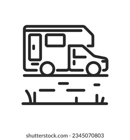 Camping RV Icon. Vector Outline Editable Sign of Travel Trailer for Outdoor Living and Adventure. Linear Minimal Illustration.