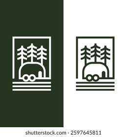 Camping RV Logo: Pine Trees, Trailer, Minimalist Vector Design. Outdoor, Adventure, Editable.