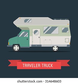 Camping RV trailer family caravan. Traveler truck camper flat style icon isolated on dark background. Vector vacation recreational vehicle motorhome illustration.