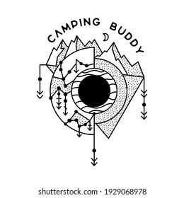 Camping Sacred geometry adventure badge design. Outdoor crest logo with mountains and trees. Travel silhouette label isolated. Stock vector tattoo crescent moon emblem