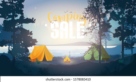 Camping sale banner. Outdoor illustration. Camping in the forest. Early morning in the forest with tents.