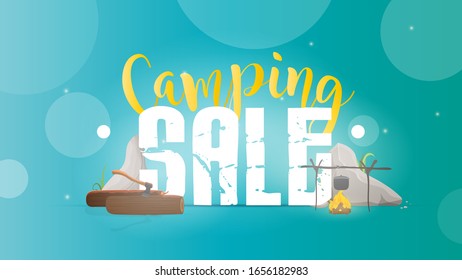 Camping sale. Blue banner. Forest camp lettering. Font with camping elements. Bonfire, food on a fire, logs,
ax, stones. Vector illustration
