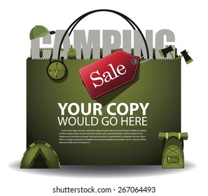 Camping sale shopping bag background. EPS 10 vector Royalty free stock illustration for ad, promotion, poster, flier, blog, article, social media, marketing