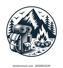 Camping Scene With Backpack Fire And Mountains Vector Illustration