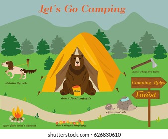 Camping scene with bear, hedgehogs, dog. Rules for campers. Can be used for  eco  projects.