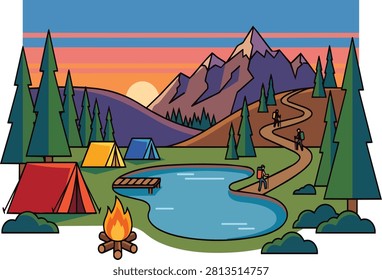 Camping scene beside a river surrounded by mountains and pine trees