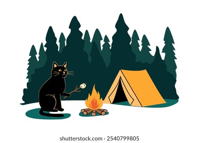 Camping Scene with Black Cat Roasting Marshmallow by Campfire