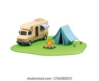 Escena de camping con autocaravana, tienda y fogata, icono de caravana 3d ilustración render