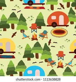 Camping scene - caravan, camping chairs, fire place, rugs, trees, birds. Seamless vector pattern.