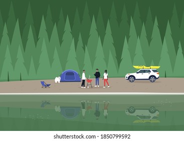 A camping scene, a diverse group of characters making barbecue at the mountain lakeshore, a spruce forest in the background 