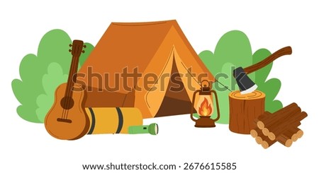 Camping scene guitar, lantern, sleeping mat, flashlight, axe, and firewood surrounded by green bushes. Outdoor adventure design perfect for hiking posters, summer camp graphics, travel flyers, picnic 