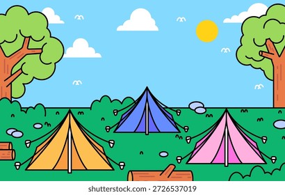 Ilustración de escena de camping con carpas coloridas, prados verdes, árboles y cielo soleado. Ideal para aventuras al aire libre, viajes, campamentos de verano, diseño para niños y proyectos de temática natural Vector de dibujos animados